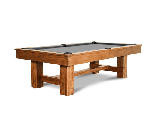 Nixon Billiards Presli Slate Pool Table in Natural Acacia finish, shown in ¾ view on white background, available now at SawyerTwain.com.