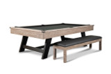 This full-view shot showcases the Hunter Slate Pool Table in Antique Finish with solid black matte metal legs, accompanied by the matching bench. The table and bench complement each other perfectly, with the warm, rustic wood tones and sleek black metal legs creating a cohesive, elegant game room setup.

