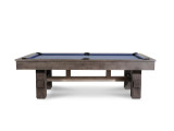 The Nixon Billiards Kemp Slate Pool Table in Grayson Grey finish, displayed with clean lines on a white background to highlight its rustic industrial design, oversized rustic rails, and sleek brushed metal cross beam.