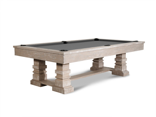 Capture the elegance of the Nixon Billiards Huck Slate Pool Table in a full shot against a clean, white background. This wide-angle view showcases the timeless craftsmanship and grand antique-style legs paired with the Weathered Natural Oak finish, making it the perfect centerpiece for any game room. Designed for both performance and style, this table includes a smooth genuine 1" three-piece slate playing surface, ensuring a level and accurate game. Featuring spill-proof felt and K66 natural gum rubber cushions, it provides both durability and precision. Available in 7ft and 8ft sizes. Free shipping included
