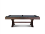 Full side view of the CrissyCross Pool Table by Nixon Billiards, highlighting its streamlined body, leather drop pockets, and textured solid wood frame in Brown Wash. An ideal fit for high-end rec rooms and modern interiors.