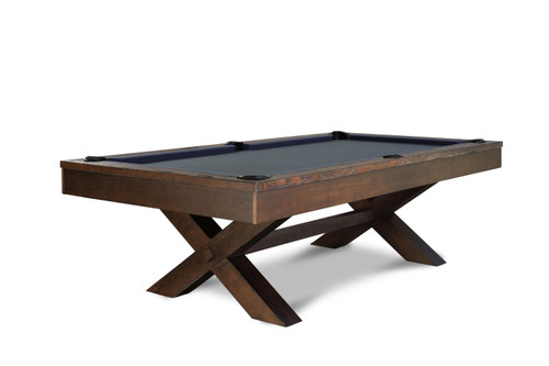 Nixon Billiards CrissyCross Slate Pool Table in rich Brown Wash finish shown in a clean ¾ hero angle. The criss-cross leg base adds a bold architectural touch. Available now at SawyerTwain.com with optional dining top and white glove delivery.