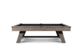 Side profile of the Hunter Slate Pool Table by Nixon Billiards, photographed against a white background to highlight its streamlined silhouette and premium design. This hero image captures the table’s clean side rail lines, sturdy tapered legs, and the elegant balance between rustic wood textures and modern form. Finished in a rich Antique tone, the side view showcases the table’s full-length visual presence and subtle craftsmanship details, making it an ideal centerpiece for contemporary and classic game room interiors alike.