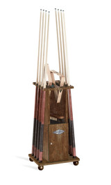A flat-lay or bird’s-eye shot showing all cues, balls, and accessories loaded neatly for visual clarity.