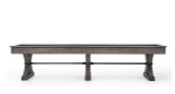 Side view of the Otis Shuffleboard Table in Weathered Grey, highlighting the Douglas Fir cabinet, one-piece legs, and smooth lines — exclusive at Sawyer Twain.