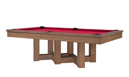 A clean, front-facing view of the Plank & Hide Covington Slate Pool Table in Modern Walnut. This image highlights the elegant Ash Wood frame and sophisticated details, making it the perfect centerpiece for any modern game room.