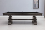 A wide shot of the Jaxx Steel Slate Pool Table set in an upscale game room, emphasizing its sleek steel construction and industrial elegance. The table serves as a bold focal point that adds sophistication to any luxury setting.